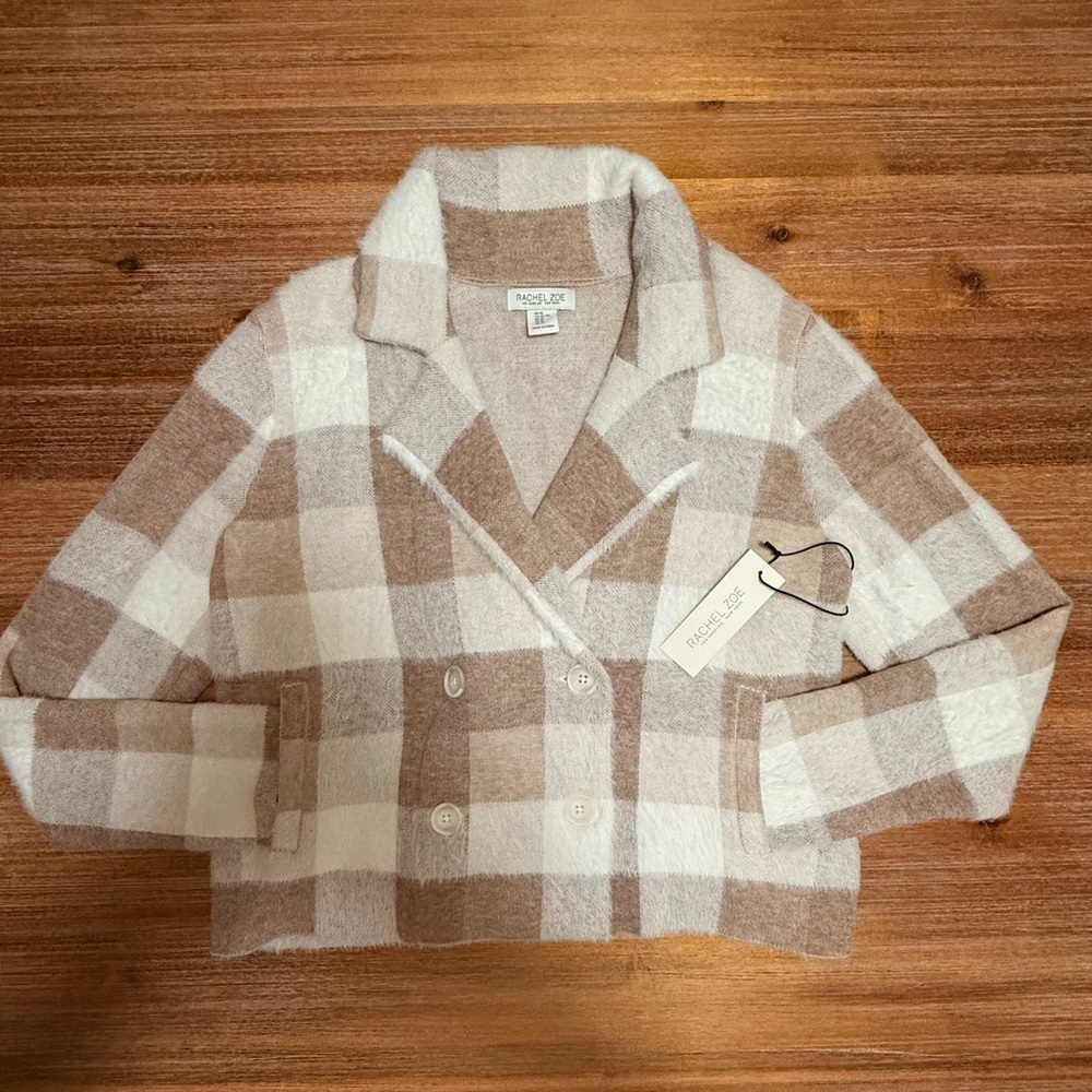 Rachel Zoe Plaid Teddy Jacket Cream Brown XL NWT Cozy Coat - Picture 9 of 15
